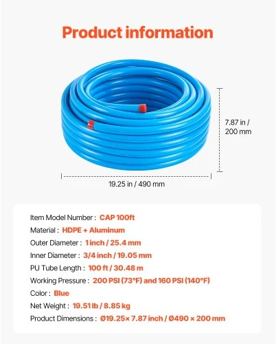 VEVOR Suslėgto oro linijos rinkinys, 100FT x 3/4", HDPE ir aliuminio, mėlynas