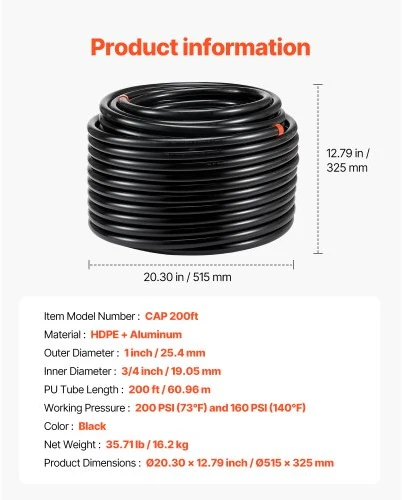 VEVOR Suspausto oro linijos rinkinys, 200 ft x 3/4", HDPE-aliuminio vamzdynų sistema, juodas