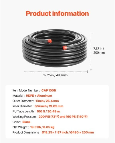 Koduva VEVOR suspausto oro linijų rinkinys, 100 pėdų x 3/4", HDPE ir aliuminis, juodas