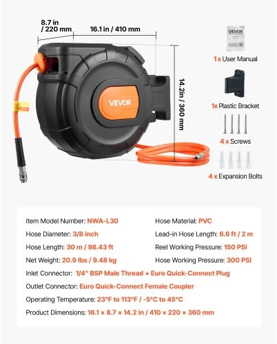 VEVOR Susukamas oro žarnos ritė, 30 m, PVC, 300 PSI, modelis NWA-L30