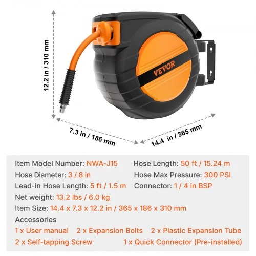VEVOR Susukamas oro žarnos ritė, 3/8 col. x 50 pėdų, 300 PSI, su 5 pėdų įvadine žarna