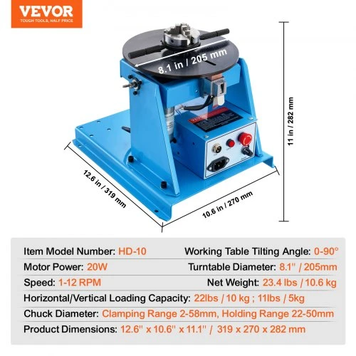 VEVOR Suvirinimo pozicionierius 10 kg, 0-90° pasukamas stalas, 8,1 col. 3 žandų griebtuvas, 1-12 aps./min., 20 W