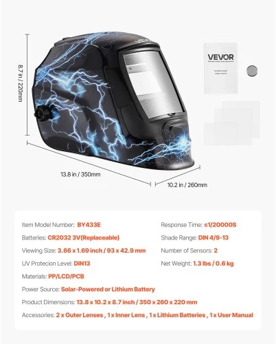 VEVOR Suvirinimo šalmas su automatiniu patamsėjimu, True Color, 93 x 43 mm, CRIUS Series, mėlynas žaibo raštas