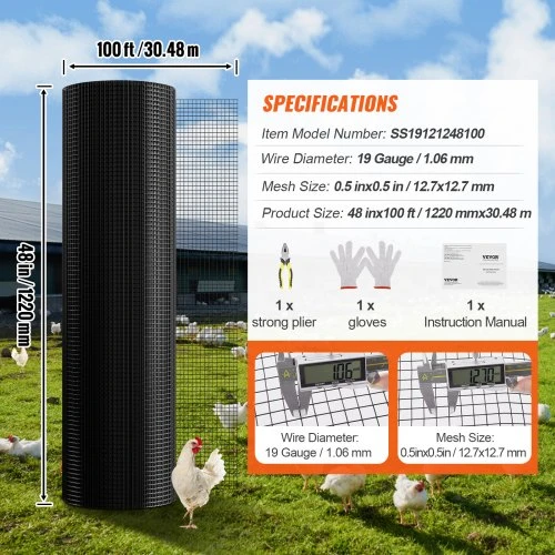 VEVOR Suvirintas vielos tinklas, 1220 x 30480 mm, 19 gauge, galvanizuotas, su viniline danga