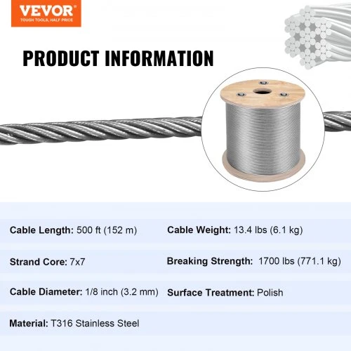 VEVOR T316 nerūdijančio plieno lynas 3,2 mm, 7x7, 15240 cm