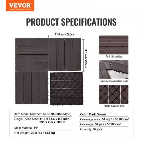 VEVOR Tarpusavyje sujungiamos lauko terasos plytelės, 54 vnt., 300 x 300 mm, tamsiai rudos