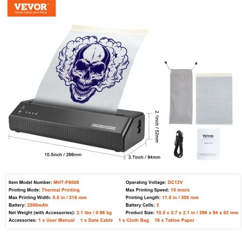 VEVOR Tatuiruotės trafareto spausdintuvas, belaidis Bluetooth, su 10 trafaretinių lapų