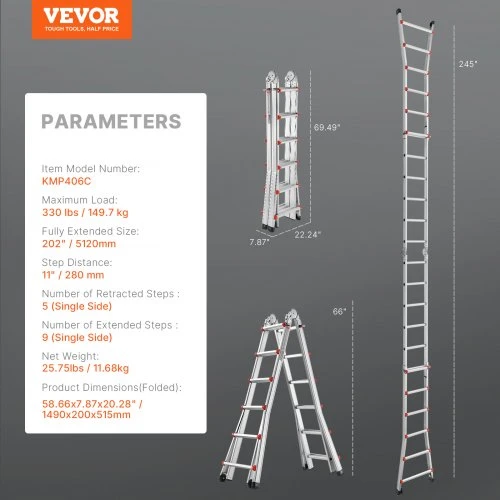 Koduva VEVOR teleskopinės kopėčios A rėmo, aliuminis, 623 cm, 149,7kg