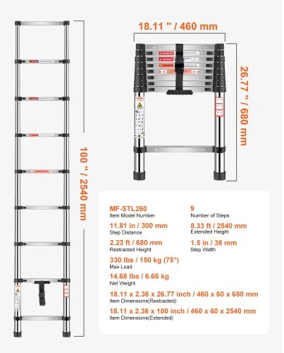VEVOR Teleskopinės kopėčios MF-STL260, nerūdijantis plienas, 2540 mm, 9 pakopos