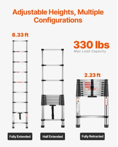 VEVOR Teleskopinės kopėčios MF-STL260, nerūdijantis plienas, 2540 mm, 9 pakopos