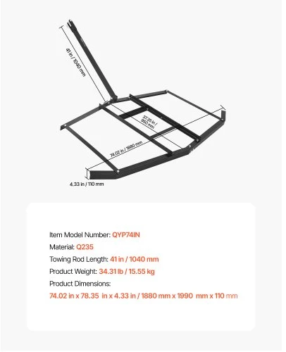Koduva VEVOR tempiamas drag harrow, 74" pločio, Q235 plienas, su reguliuojamomis juostomis ir kaištiniu prikabinimu