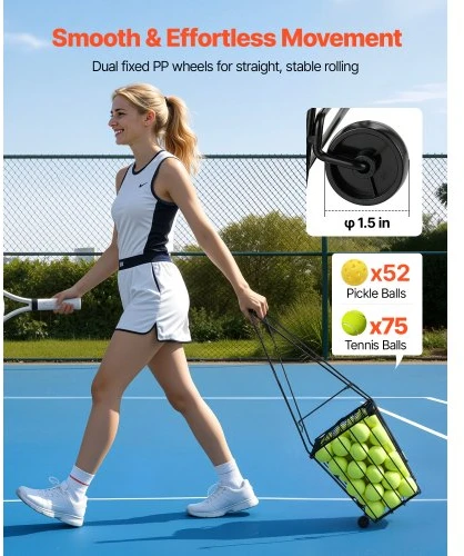 VEVOR Teniso kamuoliukų krepšys ant ratukų, talpa 75 kamuoliukai, skirtas ir pickleball, su rankena