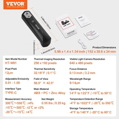 VEVOR Terminė kamera HT-W01 Android ir iOS, 256 x 192, WiFi, 25 Hz