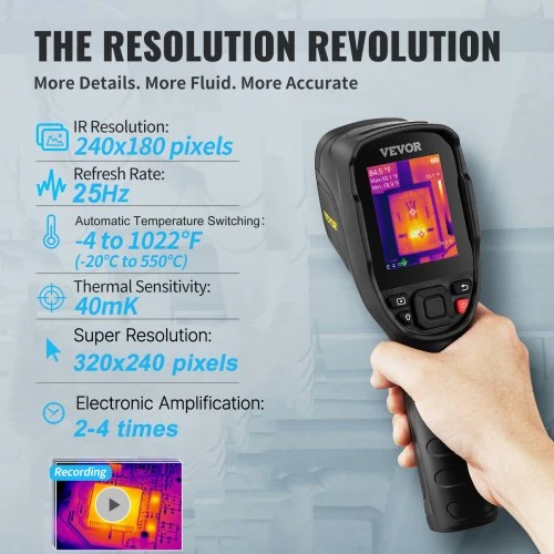 VEVOR Terminio vaizdo kamera, 320 x 240 pikselių super raiška, 25 Hz, 64 GB SD kortelė, įkraunama Li-ion baterija