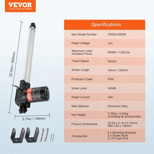 VEVOR Tiesinis aktuatorius 12 V, 6000 N, 5 mm/s, IP44