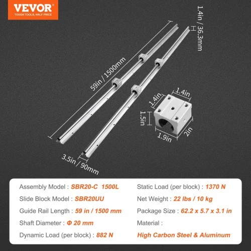 VEVOR Tiesinių kreipiančiųjų bėgių rinkinys SBR20, 1500 mm, 2 vnt. bėgiai ir 4 vnt. SBR20UU slankikliai