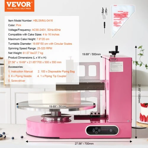 VEVOR Torto dekoravimo mašina, glaisto tepimo ir dengimo įrenginys, 4–16" tortams, 25–320 RPM, rožinė