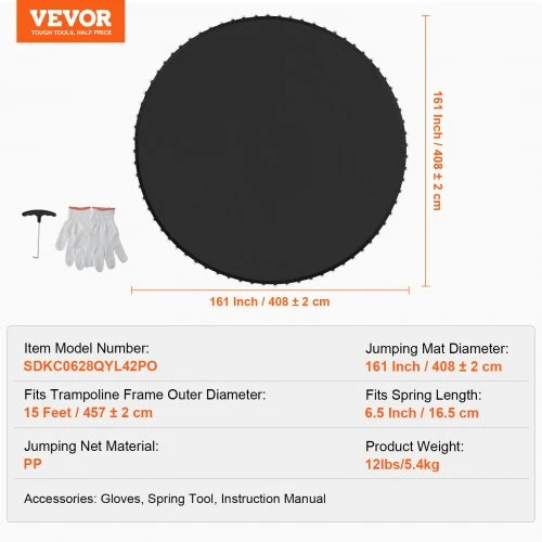 VEVOR Trampolino šokimo kilimėlis 15 ft rėmui, tinka 6,5" spyruoklėms