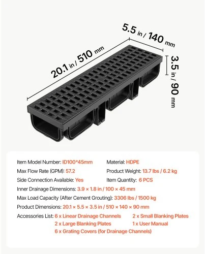 Koduva VEVOR tranšėjinis drenažas, 510 x 140 x 90 mm, 6 vnt. linijinis drenažo kanalas, HDPE