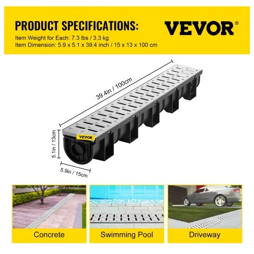 VEVOR Tranšėjinis drenažo sistema su metalinėmis grotelėmis, 150x130 mm, 3 vnt.