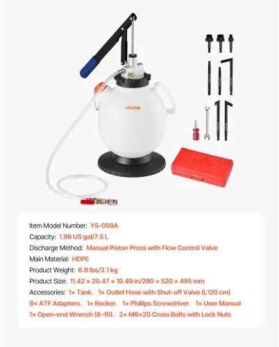 VEVOR Transmisijos alyvos siurblys, 7,5 l, rankinis ATF papildymo rinkinys su 8 adapteriais ir 120 cm žarna
