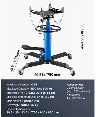 VEVOR Transmisijos domkratas, 0,5 t / 1100 lb, hidraulinis teleskopinis, 2 pakopų, mėlynas