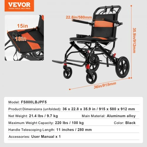VEVOR Transportavimo vežimėlis neįgaliesiems, sulankstomas, aliuminio lydinio, 45,7 cm sėdynė