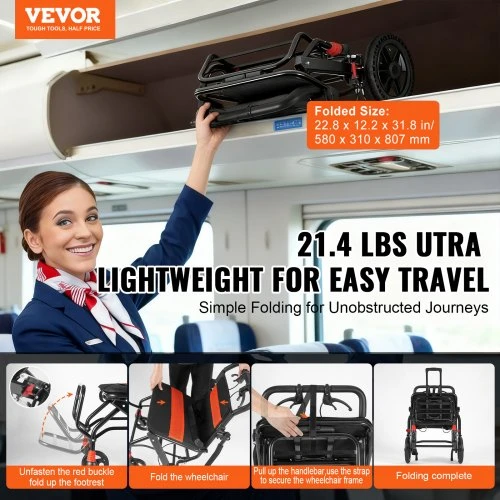 VEVOR Transportavimo vežimėlis neįgaliesiems, sulankstomas, aliuminio lydinio, 45,7 cm sėdynė