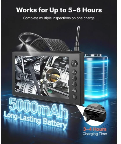 Koduva VEVOR trigubo objektyvo endoskopas su dvigubu kabeliu, 7" HD IPS padalintas ekranas, 8+2 LED, 8X priartinimas, 5000 mAh, IP67, 5 m + 3 m