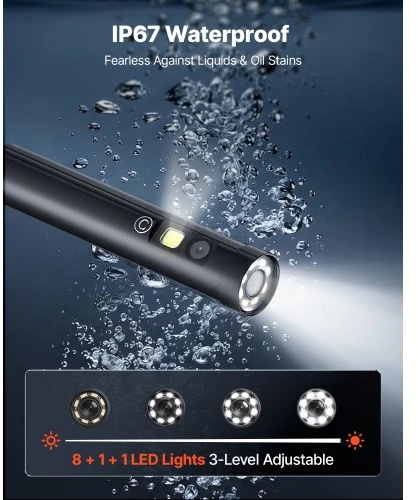 Koduva VEVOR trigubo objektyvo endoskopas su šviesa, 5" HD IPS ekranas, 8+2 LED, 8X priartinimas, 5000 mAh, IP67, 1,5 m