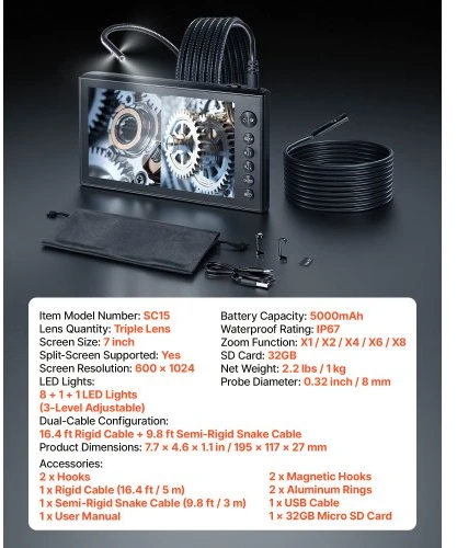 Koduva VEVOR trigubo objektyvo endoskopas su dvigubu kabeliu, 7" HD IPS padalintas ekranas, 8+2 LED, 8X priartinimas, 5000 mAh, IP67, 5 m + 3 m