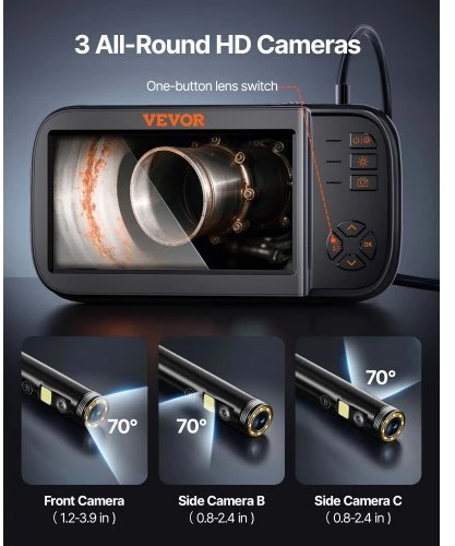 Koduva VEVOR trigubos kameros endoskopas, 11,4 cm IPS ekranas, 1080P, 5 m kabelis, 8 šviesos, 2860 mAh