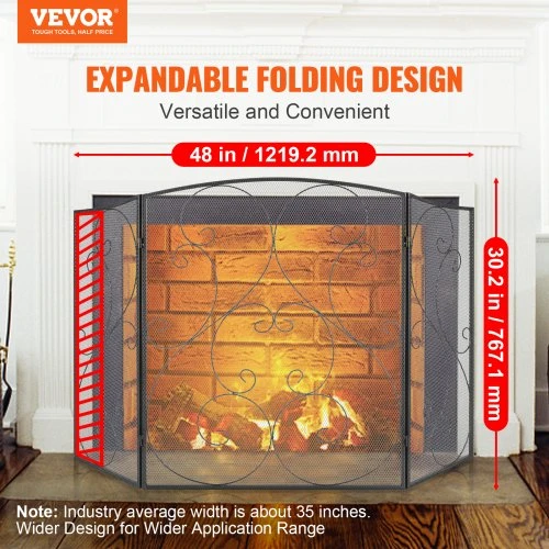 VEVOR Trijų panelių židinio apsauginis ekranas, 122 x 76,7 cm, juodas