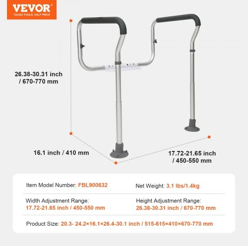 VEVOR Tualeto saugos rėmas, reguliuojamas pločio ir aukščio, iki 136 kg
