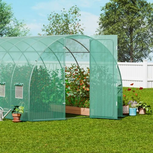 VEVOR Tunelinis šiltnamis, 19.4x9.7x7.4 ft, plieno rėmas, žalias PE uždangalas, varstomos durys ir 12 pakeliamų langų