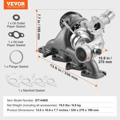 VEVOR Turbokompresorius GT1446S, su tarpikliu rinkiniu, suderinamas su Chevrolet Cruze 2011-2015, Sonic 2012-2020, Trax 2013-2021, Buick Encore 2013-2021, 1.4L