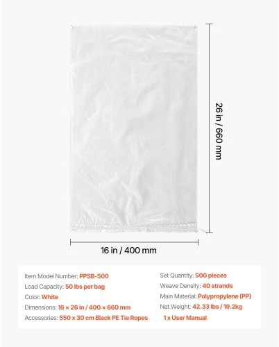Koduva VEVOR tušti smėlio maišai, 500 vnt., 40 x 66 cm, tvirti su raišteliais, 22,6kg talpa