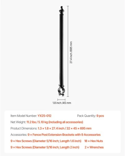 VEVOR Tvoros stulpo prailginimas, 9 vnt., 695 mm, cinkuotas, 32–38 mm
