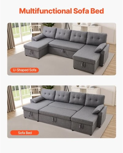 VEVOR U formos sofa lova, pilka, 287 x 145 x 91 cm