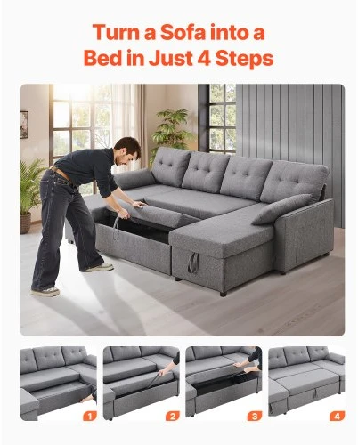 VEVOR U formos sofa lova, pilka, 287 x 145 x 91 cm