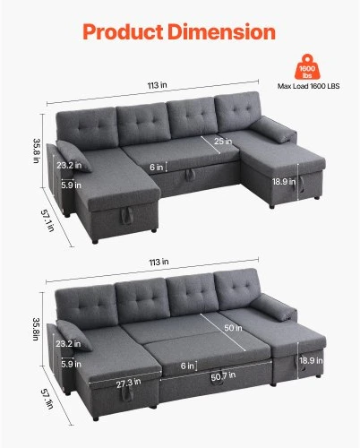 VEVOR U formos sofa lova, pilka, 287 x 145 x 91 cm