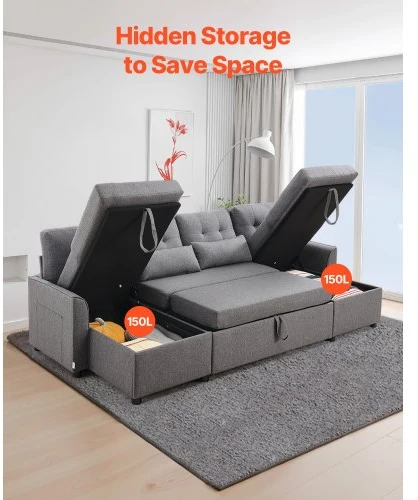 VEVOR U formos sofa lova, pilka, 287 x 145 x 91 cm