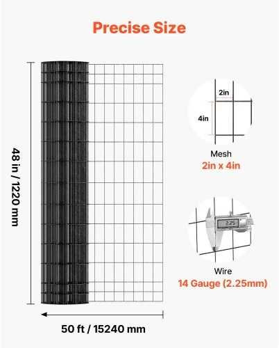 VEVOR Ūkio tvora, 122 cm x 15,2 m, 2 x 4 in tinklelis, cinkuoto plieno viela, juoda