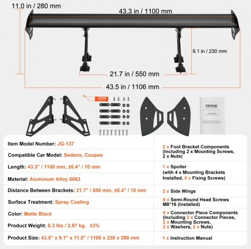 VEVOR Universalus galinis spoileris GT stiliaus reguliuojamas bagažinės sparnas 110 cm