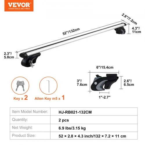 VEVOR Universalus stogo bagažinės skersinis 132,1 cm, skirtas transporto priemonei su paaukštintu šoniniu bėgeliu