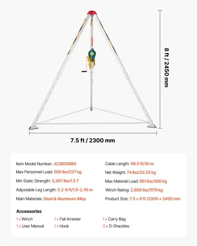 Koduva VEVOR uždaros erdvės trikojis rinkinys, 1179 kg gervė, 1,45 m reguliuojamos kojos, 30 m trosas, 10 m apsauga nuo kritimo