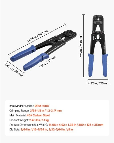 VEVOR Užspaudimo įrankis, 1,2–3,17 mm plieniniam trosui, DRM-1608