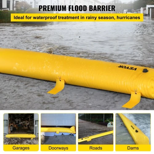 Koduva VEVOR užtvankos barjeras, 7,32 m x 25,4 cm x 15,3 cm, daugkartinio naudojimo PVC vandens nukreipimo vamzdžiai, geltonas