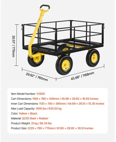 Koduva VEVOR V1400 plieno sodo vežimėlis, geltonas ir juodas, 635 kg