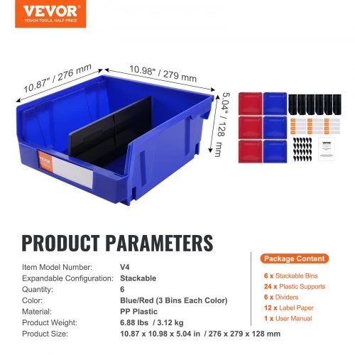 VEVOR V4 plastikinė laikymo dėžė, 27,6 x 27,9 x 12,8 cm, mėlyna/raudona, 6 vnt.